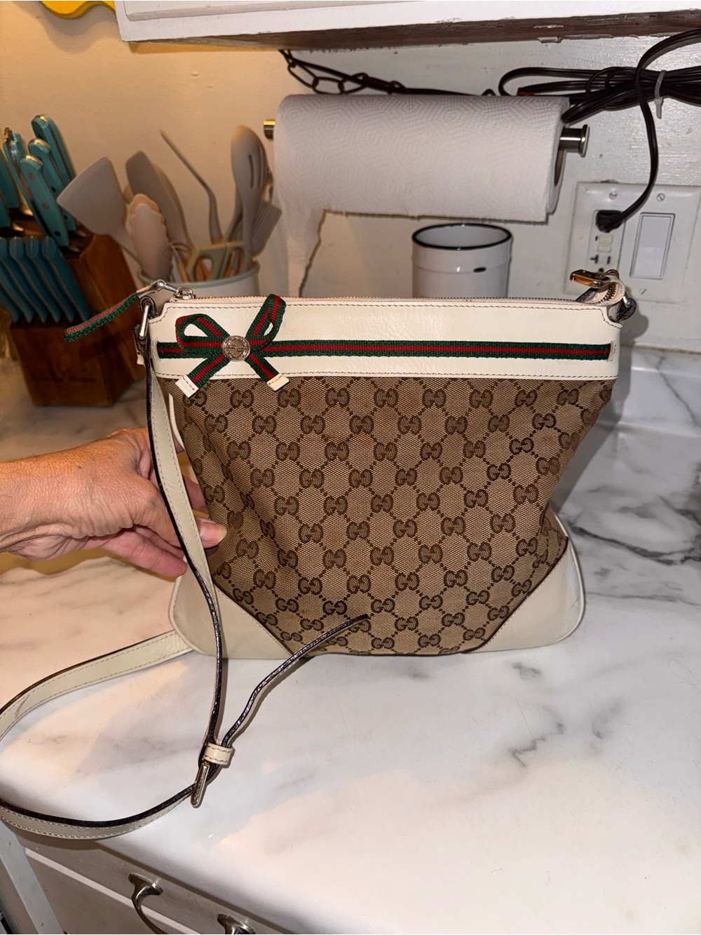 Gucci Brown GG Canvas Shoulder Bag with Cream Trim and Green-Red Web
